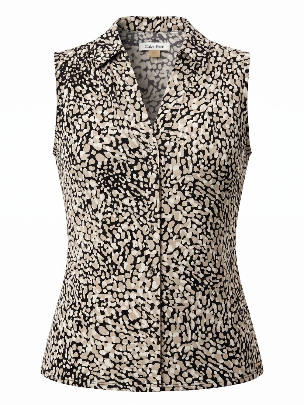 Calvin Klein Black & Cream Sleeveless V-Neck Printed Blouse Women's Size Small.